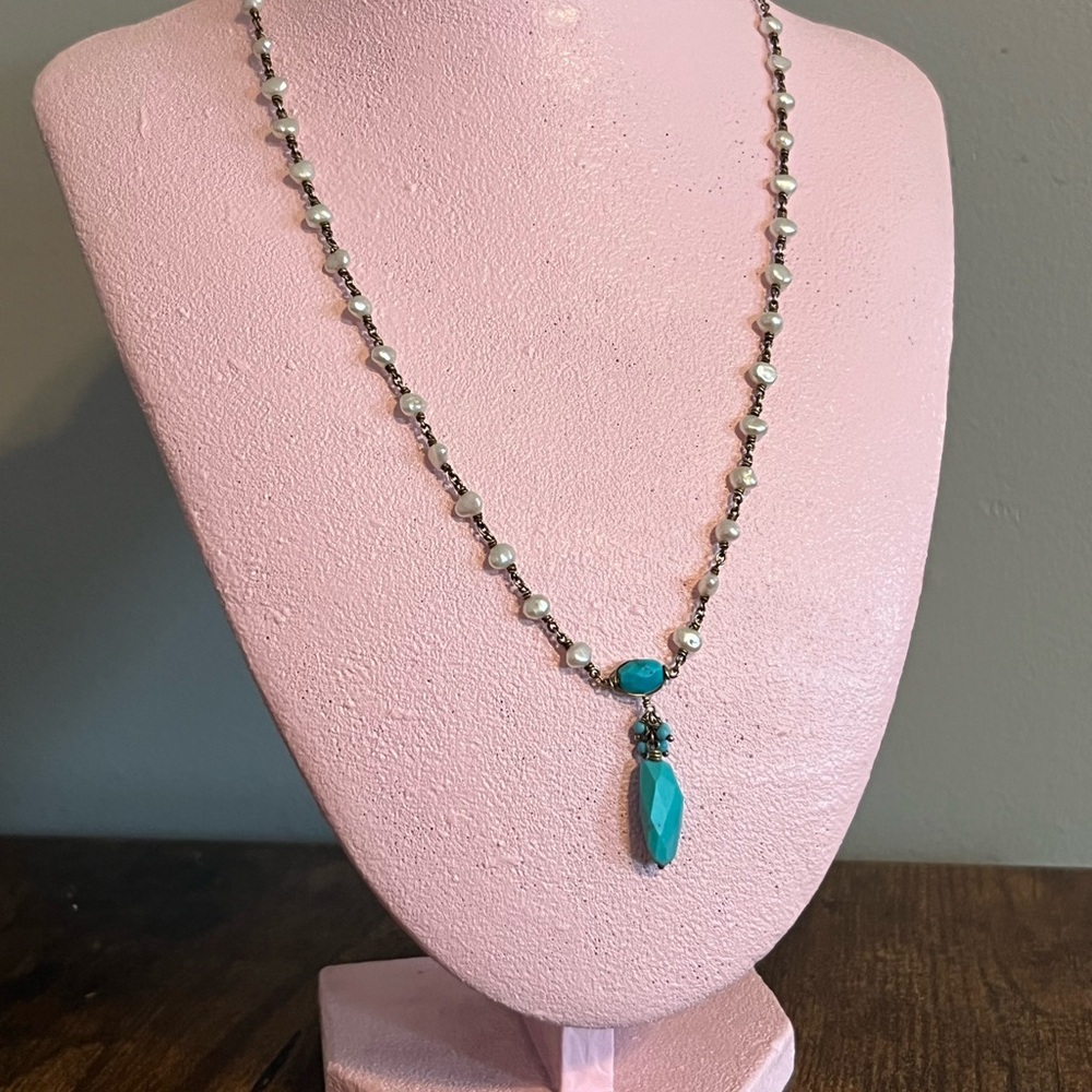 Vintage Sterling silver fresh water Pearl Turquoise Necklace